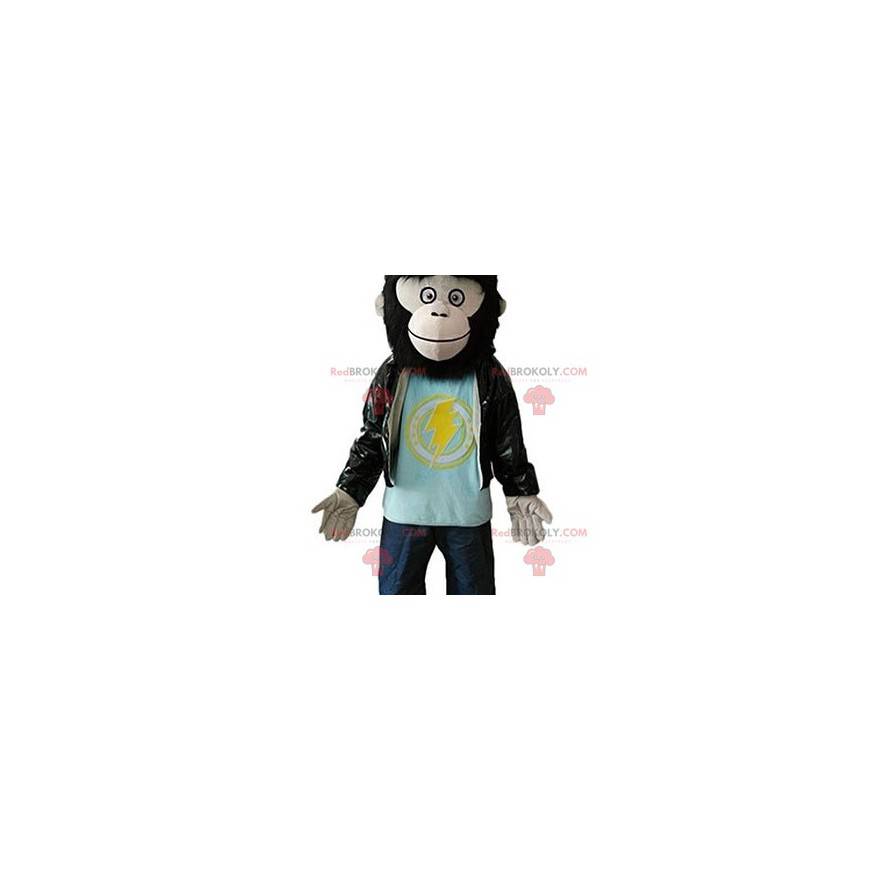 Mascote macaco peludo gorila com jaqueta de couro -