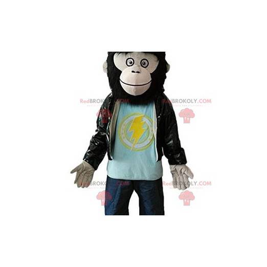 Mascote macaco peludo gorila com jaqueta de couro -