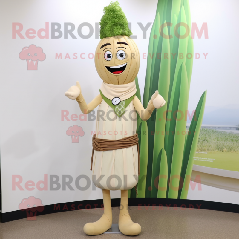 Tan Asparagus mascot costume character dressed with a Dress and Bracelet watches Tan Asparagus mascot costume character dressed with a Dress and Bracelet watches