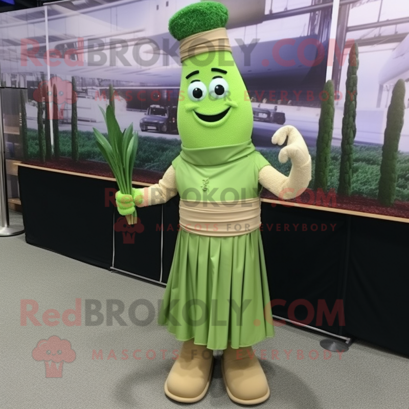 Tan Asparagus mascot costume character dressed with a Dress and Bracelet watches Tan Asparagus mascot costume character dressed with a Dress and Bracelet watches