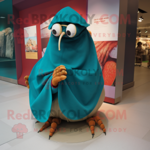 Teal Hermit Crab mascot costume character dressed with a Turtleneck and Shawl pins