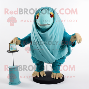 Teal Hermit Crab mascot costume character dressed with a Turtleneck and Shawl pins