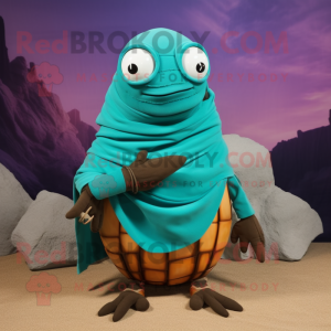 Teal Hermit Crab mascot costume character dressed with a Turtleneck and Shawl pins