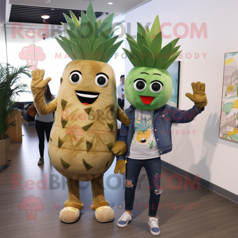 Olive Pineapple mascot costume character dressed with a Boyfriend Jeans and Mittens