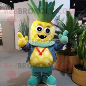 Olive Pineapple mascot costume character dressed with a Boyfriend Jeans and Mittens