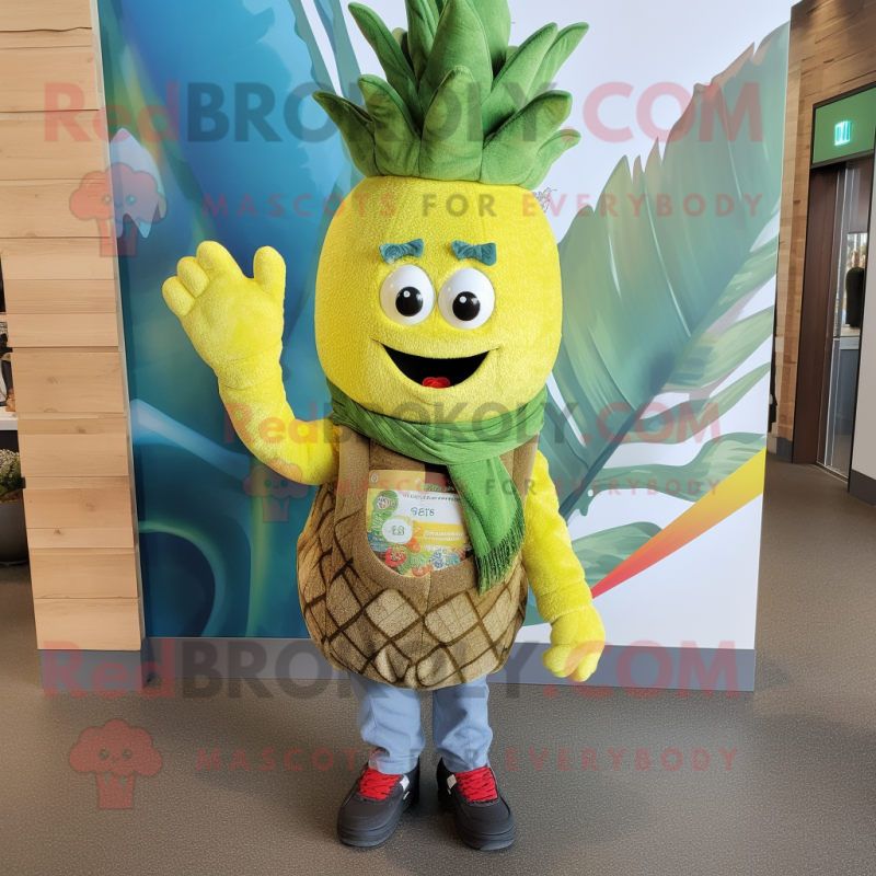 Olive Pineapple mascot costume character dressed with a Boyfriend Jeans and Mittens Olive Pineapple mascot costume character dressed with a Boyfriend Jeans and Mittens