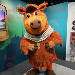 Rust Sow mascot costume character dressed with a Romper and Shawl pins