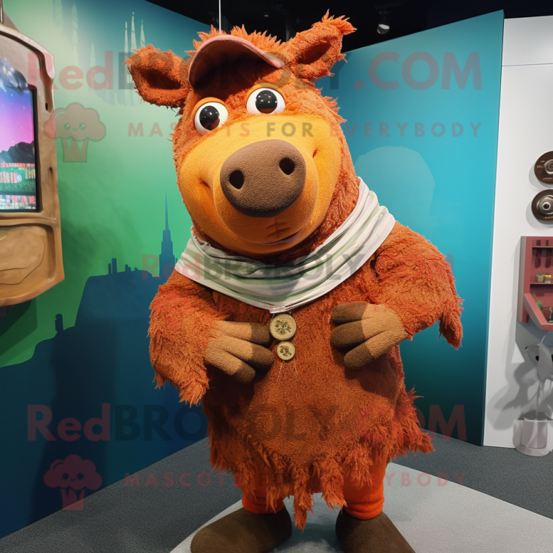 Rust Sow mascot costume character dressed with a Romper and Shawl pins Rust Sow mascot costume character dressed with a Romper and Shawl pins