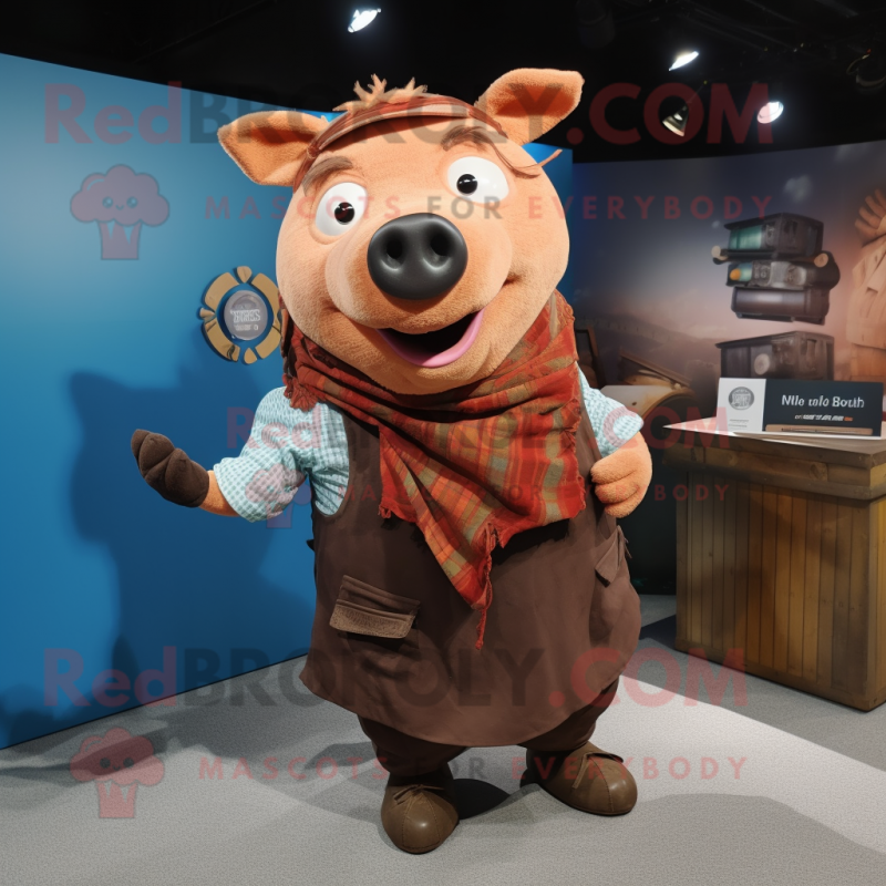 Rust Sow mascot costume character dressed with a Romper and Shawl pins Rust Sow mascot costume character dressed with a Romper and Shawl pins