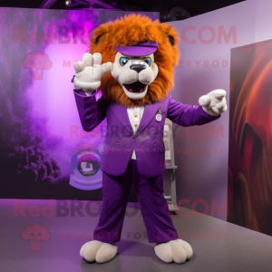 Purple Tamer Lion mascot costume character dressed with a Suit Pants and Gloves