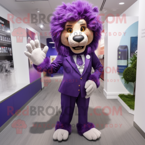 Purple Tamer Lion mascot costume character dressed with a Suit Pants and Gloves
