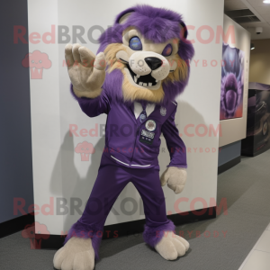 Purple Tamer Lion mascot costume character dressed with a Suit Pants and Gloves