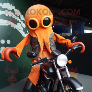 Orange Squid mascot costume character dressed with a Biker Jacket and Suspenders