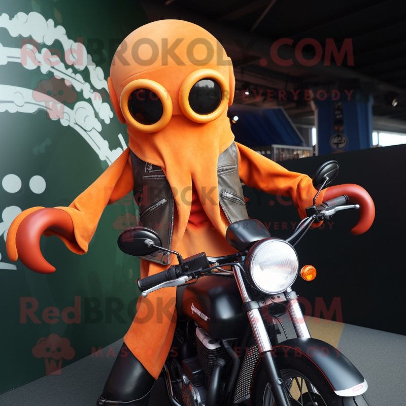 Orange Squid mascot costume character dressed with a Biker Jacket and Suspenders Orange Squid mascot costume character dressed with a Biker Jacket and Suspenders
