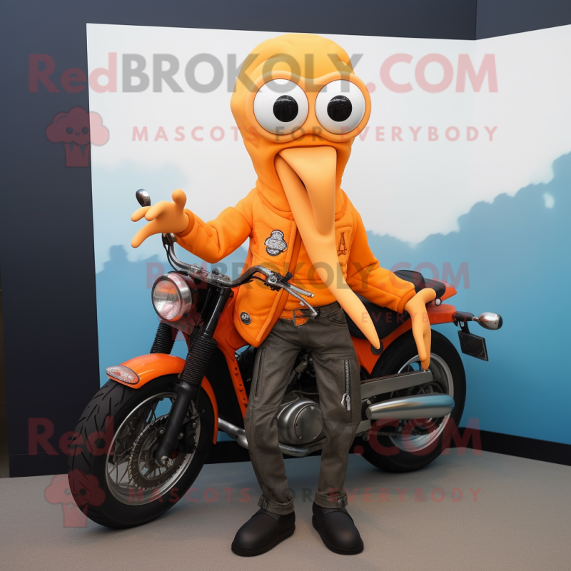 Orange Squid mascot costume character dressed with a Biker Jacket and Suspenders