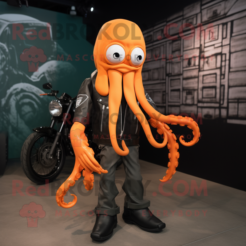 Orange Squid mascot costume character dressed with a Biker Jacket and Suspenders