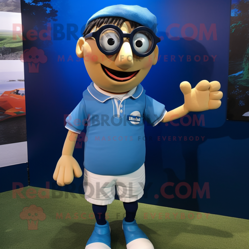 Blue Aglet mascot costume character dressed with a Rugby Shirt and Eyeglasses