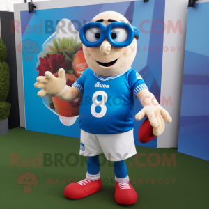 Blue Aglet mascot costume character dressed with a Rugby Shirt and Eyeglasses