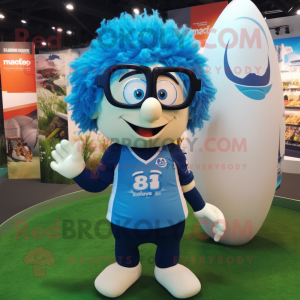 Blue Aglet mascot costume character dressed with a Rugby Shirt and Eyeglasses