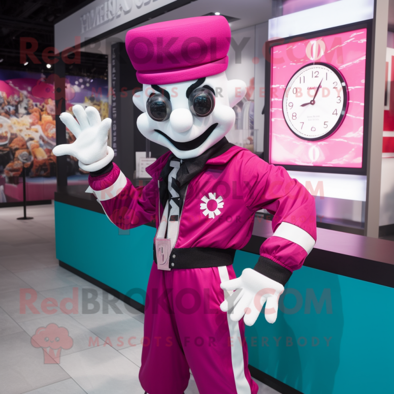 Magenta Mime mascot costume character dressed with a Jacket and Bracelet watches