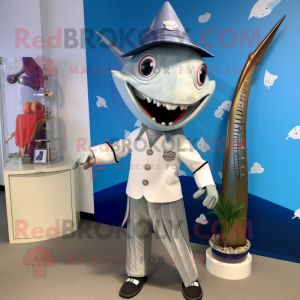 Silver Swordfish mascot costume character dressed with a Bermuda Shorts and Tie pins