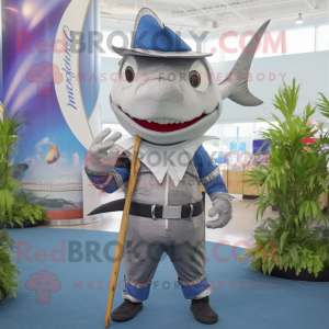 Silver Swordfish mascot costume character dressed with a Bermuda Shorts and Tie pins