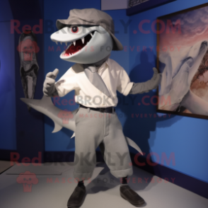 Silver Swordfish mascot costume character dressed with a Bermuda Shorts and Tie pins