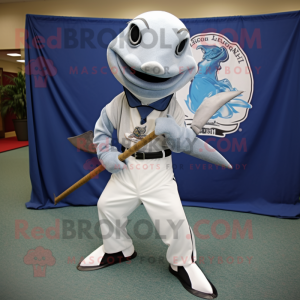 Silver Swordfish mascot costume character dressed with a Bermuda Shorts and Tie pins