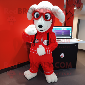 Red Sheep mascot costume character dressed with a Jumpsuit and Keychains