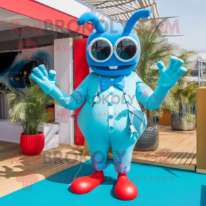 Cyan Lobster mascot costume character dressed with a Playsuit and Sunglasses