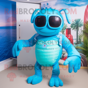Cyan Lobster mascot costume character dressed with a Playsuit and Sunglasses