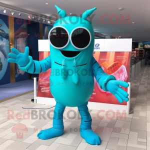 Cyan Lobster mascot costume character dressed with a Playsuit and Sunglasses
