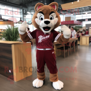 Maroon Bobcat mascot costume character dressed with a Sheath Dress and Shoe laces