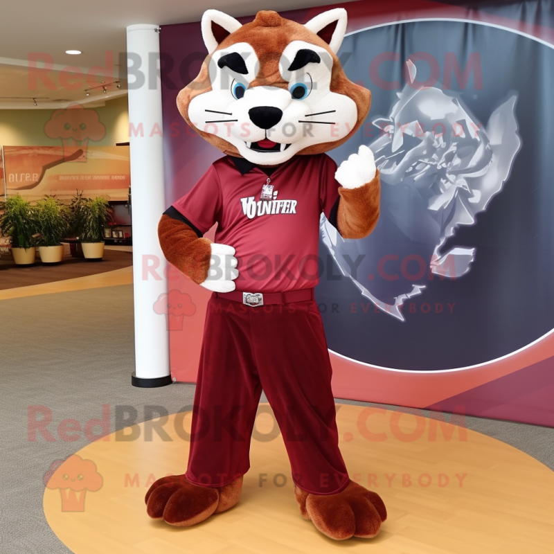 Maroon Bobcat mascot costume character dressed with a Sheath Dress and Shoe laces Maroon Bobcat mascot costume character dressed with a Sheath Dress and Shoe laces