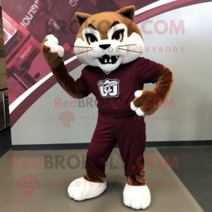 Maroon Bobcat mascot costume character dressed with a Sheath Dress and Shoe laces