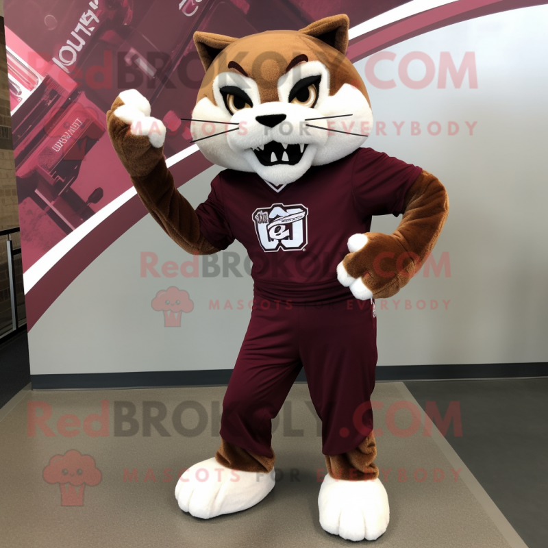 Maroon Bobcat mascot costume character dressed with a Sheath Dress and Shoe laces Maroon Bobcat mascot costume character dressed with a Sheath Dress and Shoe laces