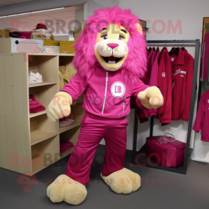 Magenta Lion mascot costume character dressed with a Cargo Pants and Shoe clips