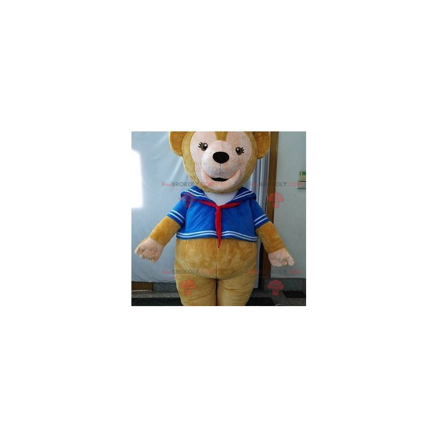 Mascota de oso de peluche beige y rosa en traje de marinero -