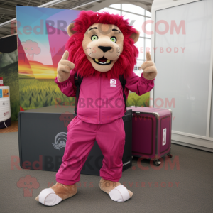 Magenta Lion mascot costume character dressed with a Cargo Pants and Shoe clips