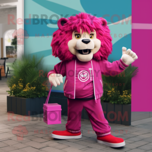 Magenta Lion mascot costume character dressed with a Cargo Pants and Shoe clips