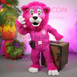 Magenta Lion mascot costume character dressed with a Cargo Pants and Shoe clips