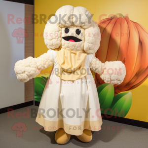 Cream Cauliflower mascot costume character dressed with a A-Line Skirt and Shawls