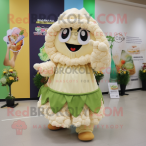 Cream Cauliflower mascot costume character dressed with a A-Line Skirt and Shawls