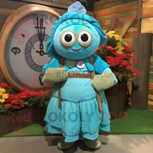 Turquoise Scarecrow mascot costume character dressed with a Wrap Dress and Bracelet watches