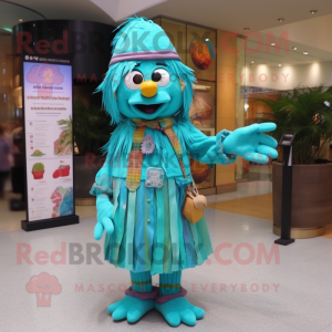 Turquoise Scarecrow mascot costume character dressed with a Wrap Dress and Bracelet watches