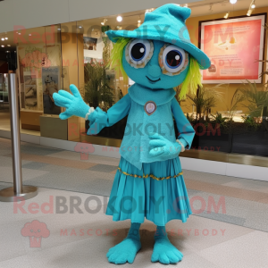 Turquoise Scarecrow mascot costume character dressed with a Wrap Dress and Bracelet watches