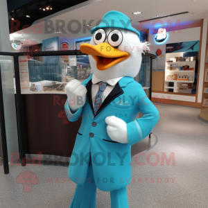 Turquoise Gull mascot costume character dressed with a Suit and Hairpins