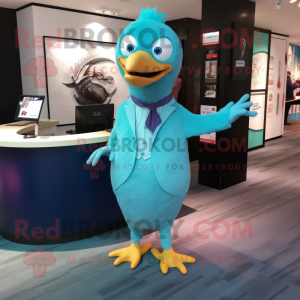 Turquoise Gull mascot costume character dressed with a Suit and Hairpins