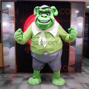 Green Ogre mascot costume character dressed with a Windbreaker and Bow ties