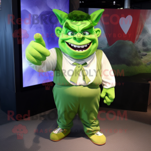 Green Ogre mascot costume character dressed with a Windbreaker and Bow ties